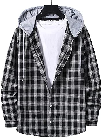 XXBR Tricouri cu glugă pentru bărbați, buton de cădere în jos cu mânecă lungă modă verificată cu glugă casual casual cu buzunar