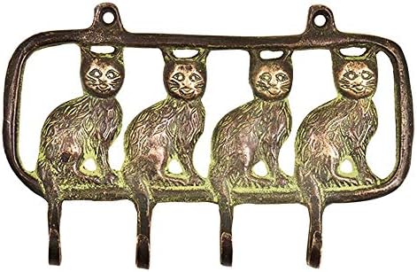 Raft indian Vocalforlocal handmade cu 4 piese din alamă antică pisici șezând cârlige de perete pentru suporturi cu umerase