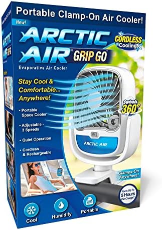 Arctic Air Grip Go Răcitor de aer evaporativ, ventilator fără fir și portabil cu 3 viteze, clemă universală și 360 grade pivotare