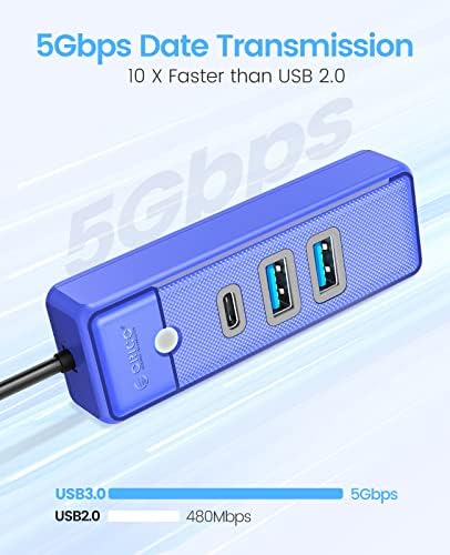 ORICO 3-Port USB HUB 3.0, Splitter USB cu 2 USB A, 1 tip C pentru Laptop cu cablu 0.5 ft, Multi USB port Expander, Transfer