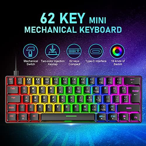 60% Tastatură mecanică pentru jocuri, comutatoare albastre, tastatură compactă cu fir Rainbow LED Backlight, tastatură cu fir