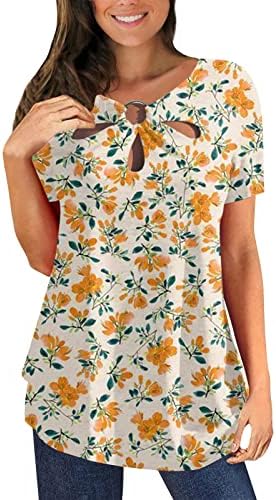 ayaso femei Dressy gol Bluze Camasi florale imprimare maneca scurta tunica Topuri vara Casual T-Shirt cu plisată Strech