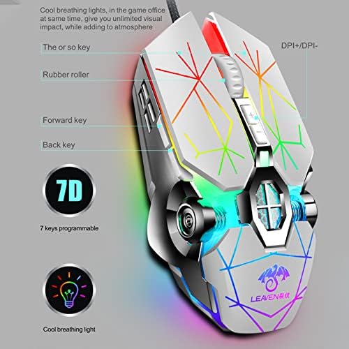 Mouse pentru jocuri cu fir, mouse-uri optice USB cu iluminare din spate RGB, 7 dpi reglabile până la 3200, Mouse Ergonomic