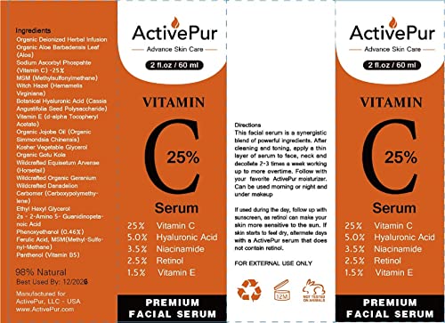 Ser ActivePur 25% vitamina C pentru față vitamina E + B5, ser cu Acid hialuronic pentru față Retinol acid Ferulic niacinamidă