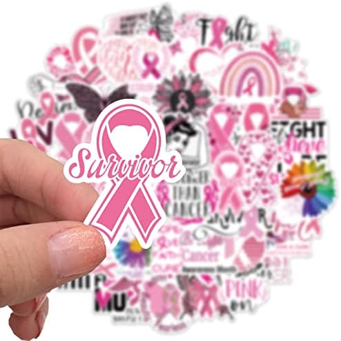 Autocolante de conștientizare a cancerului de sân 50 de buc, decalaj de vinil roz panglică, pachet de autocolante perfect pentru