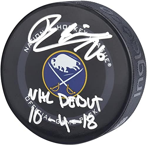 Rasmus Dahlin Buffalo Sabres a autografat pucul Oficial al modelului 2021 cu inscripția NHL Debut 10/4/18 - pucuri NHL autografate