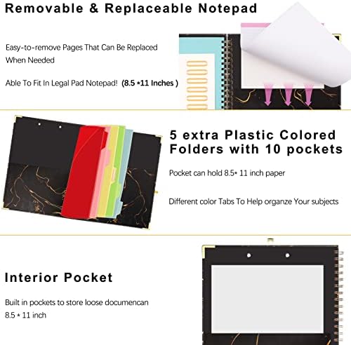 Clipboard Folio cu Notepad reîncărcabil, 5 separatoare cu 10 buzunare Caiete spiralate de depozitare,Folder drăguț Clipboard,Clipfolio