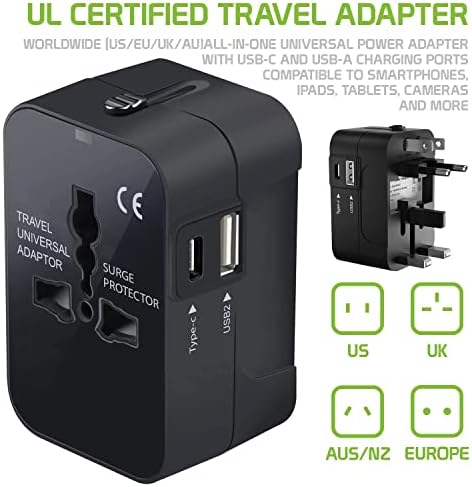 Travel USB Plus International Power Adapter Compatibil cu BlackBerry Curve 9315 pentru puterea la nivel mondial pentru 3 dispozitive