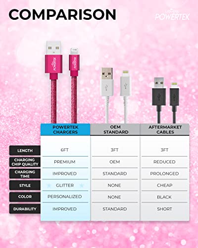 Încărcător certificat Liquipel Powertek Glitter MFI compatibil pentru iPhone Apple, iPad, Cablu de 6ft, Fulgerul la cablu USB, cablu de încărcare rapidă
