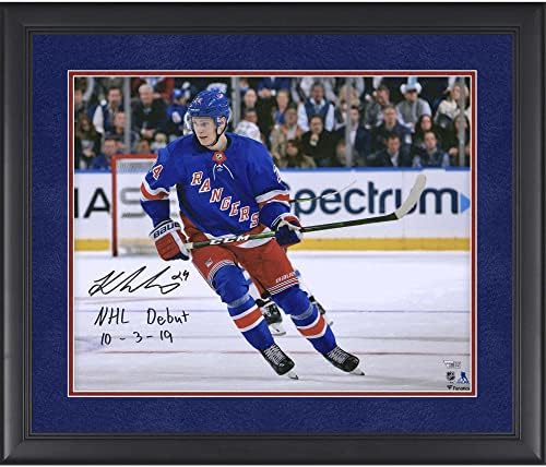 Kaapo Kakko York Rangers Framed Autographed 16 x 20 NHL Fotografie de debut cu „Debutare NHL 10-3-19” Inscripție din piele
