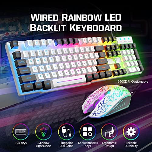 Tastatură și Mouse pentru jocuri cu fir și mouse pad și căști pentru Jocuri, tastatură retroiluminată cu LED curcubeu, Căști