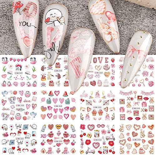 Valentines Heart Nail Art Stickers Pink Love Penguin Nail Decals Transfer de apă Trandafiri Tort de trandafiri Designuri de
