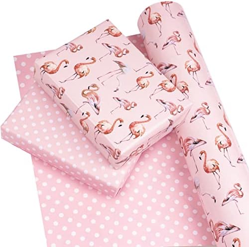 Hârtie de ambalat reversibilă WRAPAHOLIC-Mini Roll - 17 Inch X 33 picioare-Design Flamingo și buline pentru ziua de naștere, vacanță, nuntă, duș pentru copii