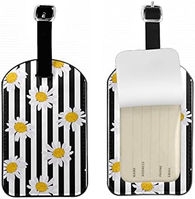 Zoczos White Flowers Travel Bag Tag Daisy Blossom Black White Stripes fără sudură repeta model PU piele nume ID etichete cu acoperire de confidențialitate pentru bărbați Femei Băieți Fete valiza, 1 pachet