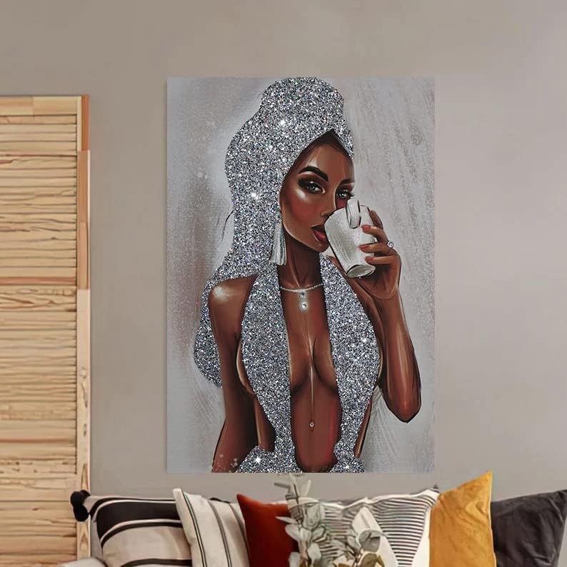 Femeie neagră afro -americană cu sclipici argintiu texturat hd pânză de perete poster de imprimare, scânteie pentru femei decor