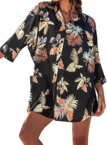 CUPSHE femei tropicale frunze de imprimare acoperi până rochie, L Negru