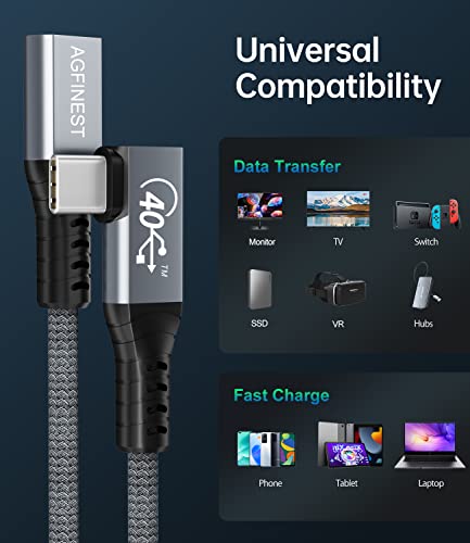 Cablu de extensie AgFinest unghi drept USB4 Cablu de extensie USB4 Thunderbolt 3/4 Cablu de extensie acceptă transfer de date de 40 Gbps / 100W încărcare rapidă / 8K@60Hz Video Compatibil cu toate dispozitivele USB C, docuri, EGPU