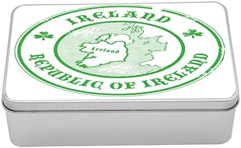 Ambesonne Irlanda hartă cutie de tablă, demonstrație în stil Grunge de caligrafie cu cartografiere în dungi într-o formă rotundă, cutie portabilă de depozitare a Organizatorului metalic dreptunghiular cu capac, 7,2 X 4,7 X 2,2, Verde Alb