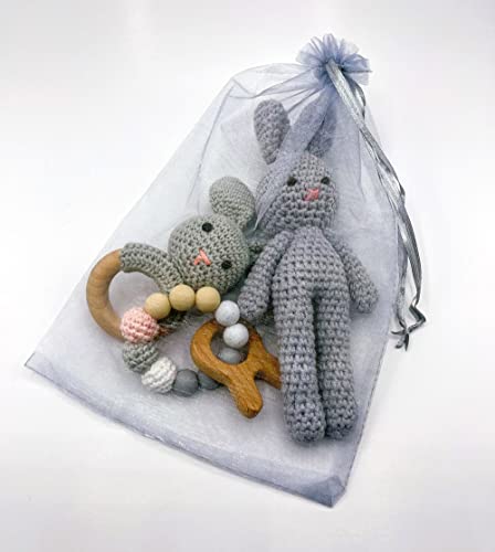 Set de cadouri pentru jucării pentru copii croșetat, lemn de fag și bumbac, teddy, pentru bebeluși, inel de dinți pentru bebeluși