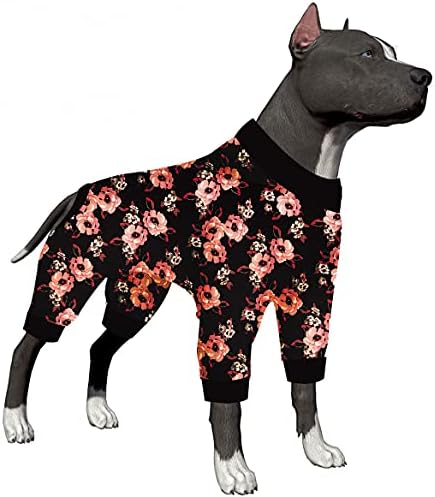 Lovinpet Dog PJS pentru rasă mare, cămăși cu mânecă lungă pentru câini, anti lins, pijamale de îngrijire a rănilor/chirurgie de recuperare, țesătură întinsă, imprimeu floral bronz, PJ -uri mari de câine, jammies pentru câini, xxl negru floral