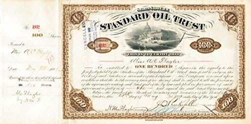 Standard Oil Trust eliberat și semnat de domnișoara A. C. Flagler, precum și de John D. Rockefeller, H. M. Flagler-certificat de stoc