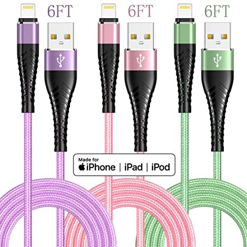 6ft 3colored iPhone Lightning Cable 3packs Cablu de încărcare USB Premium, certificat Apple MFi pentru încărcător iPhone, iPhone