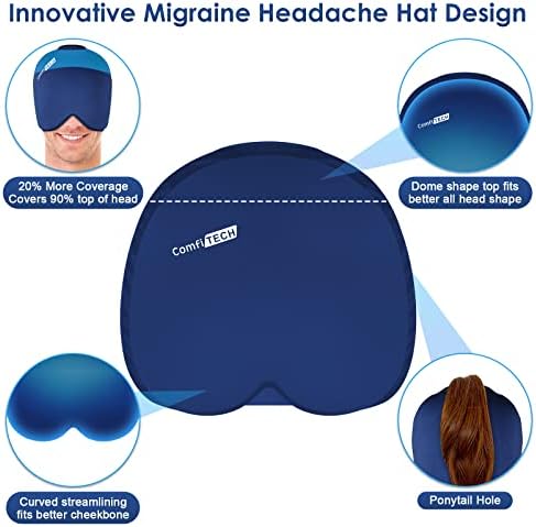 Comfitech migrene Ice Head Wrap, pălărie de relief pentru dureri de cap pentru migrenă capac pentru tensiune ochi pufosi migrena capac pentru dureri de cap sinusal și relief de stres Compress rece compresie rece