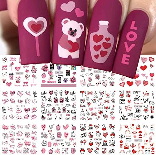 3D Ziua Îndrăgostiților unghii autocolante, roz inima unghii decalcomanii drăguț apă transfer unghii autocolant desen animat