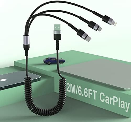 2m / 6.6 Ft Multi 3 în 1 USB Universal înfășurat iPhone Cablu de încărcare pentru CarPlay, Lightning + tip C + Micro USB lung