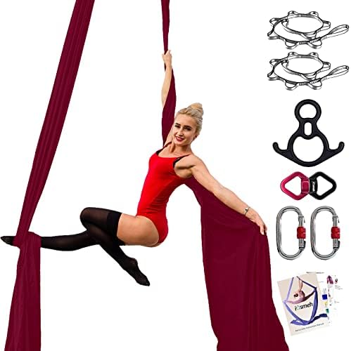 Echipament de mătase cu yoga aeriene iOSMEH, 9 metri Hamac de yoga aerieni din nylon tricot cu întindere joasă, kit de pornire