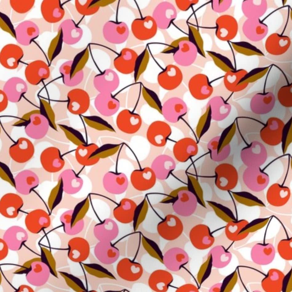 Spoonflower Fabric-cireșe mici scară mică Ditsy Print fructe de vară Roz Roșu imprimat pe petală semnătură bumbac Fabric Fat