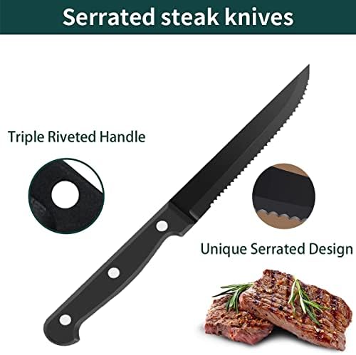 Set de cuțite de friptură KroWallu de 8, cuțite de friptură din oțel inoxidabil negru, cuțit de friptură de bucătărie lamă