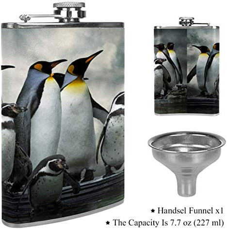 Hip Flask pentru lichior din oțel inoxidabil Leakproof cu pâlnie 7.7 oz capac din piele mare cadou idee Flask-Penguin Animal