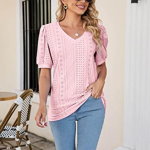Xiaxogool tricouri supradimensionate elegante pentru femei cămăși scobite cu gât în V bluze cu mânecă lanternă 2023 topuri