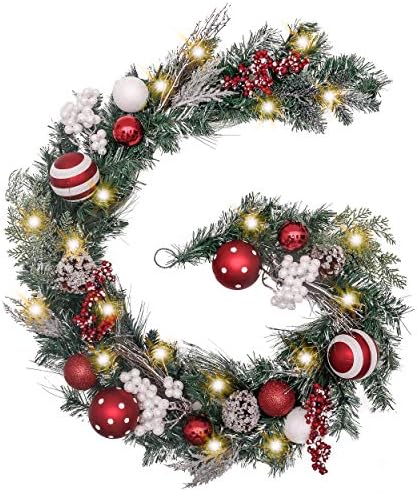 Pachetul Valery Madelyn Red White Christmas Decorations | Ornamente de Crăciun 24CT + 6 ft Garland de Crăciun pre-luminat