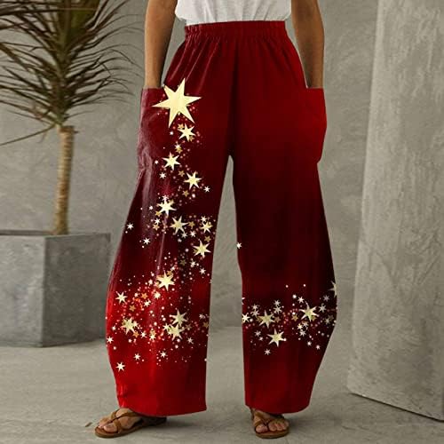 Dsodan Crăciun femei pantaloni largi picior Xmas Grafic imprimate talie mare Vrac Yoga pantaloni Casual cu buzunare mari