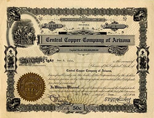 Central Copper Co. din Arizona-certificat de stoc