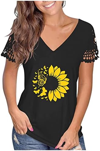 Femei de vară grafică tricouri de floarea -floarea soarelui cămăși cu mânecă scurtă cu mânecă scurtă v bluze de gât casual,