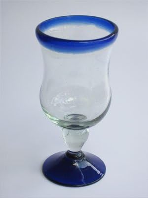 MexHandcraft Cobalt Blue Rim 11 oz cupe de apă curbate , sticlă reciclată, fără plumb, fără toxine
