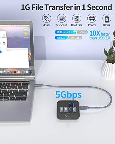 Phixero 4 porturi USB 3.0 Hub, Hub port USB de 5 Gbps cu un cablu USB C la USB A/C 2-în-1 , Splitter USB portabil, Hub USB