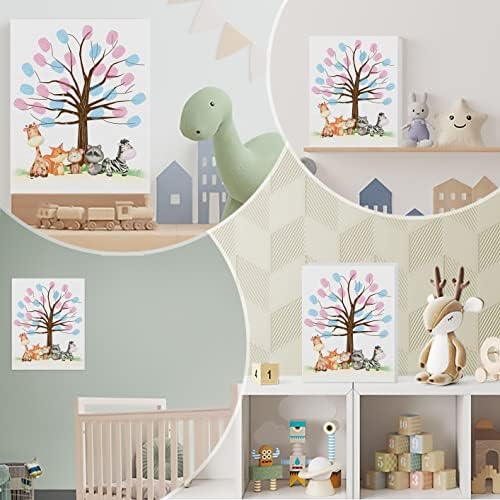 Gen Reveal Party Fingerprint Tree, Cute Animals Theme Canvas Baby Shower Thumbprint și alternativa la o carte de oaspeți pentru