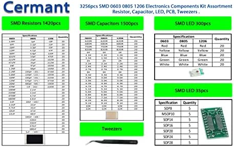 Cermant 3256pcs SMD 0603 0805 1206 Sortiment de kit componente electronice, rezistență, condensator, LED, PCB ， Tweezers DIY