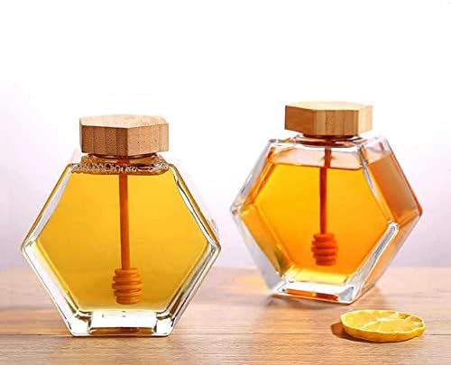 Yasez 220ml / 380ml sticlă hexagonală sticlă de miere borcan de gem transparent cu tijă de amestecare din lemn oală de miere