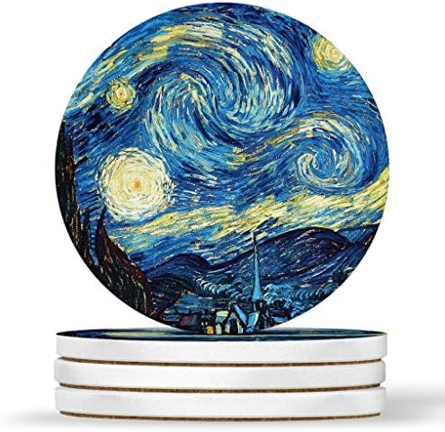 AK Wall Art Vincent Van Gogh Starry Night Design - Round Coaders, Natural Sandstone - Set of 4