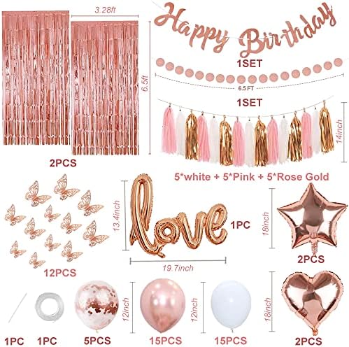 Set de decorațiuni pentru petreceri de ziua de naștere din aur roz pentru femei 73 de piese, Banner La Mulți Ani, perdele cu franjuri, Decor fluture, baloane din folie pentru 13 16 20 21 30 35 50 60 Fete bărbați consumabile pentru petreceri