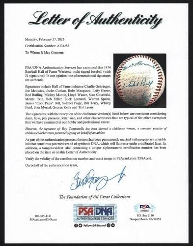 Mickey Mantle Satchel Paige 1974 Hall of Fame Induction Semnat Baseball PSA ADN - baseballs autografat