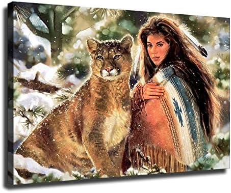 Vintage Uil Picting Art ART POSTERSETIC Fată indiană cu Mountain Leu Poster Canvas Decor pentru casă Artă de perete Cool Decor