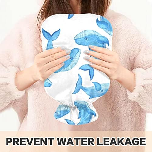 Sticle de apă caldă cu capac acuarelă balenă albastră sac de apă caldă pentru ameliorarea durerii, crampe menstruale, sticle