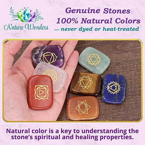 Naturewonders All Natural 7 Chakra Stone Set cu simbol gravat - Cristale de vindecare, echilibrare, piatră de palmier lustruită,
