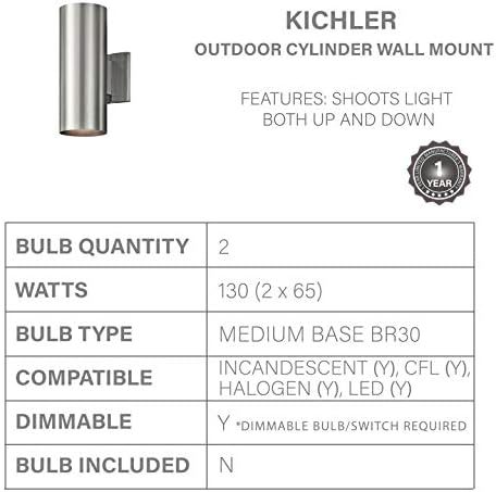 Kichler 9244ba cilindru exterior montare pe perete Sconce Uplight Downlight, aluminiu periat 2-lumină 130 wați